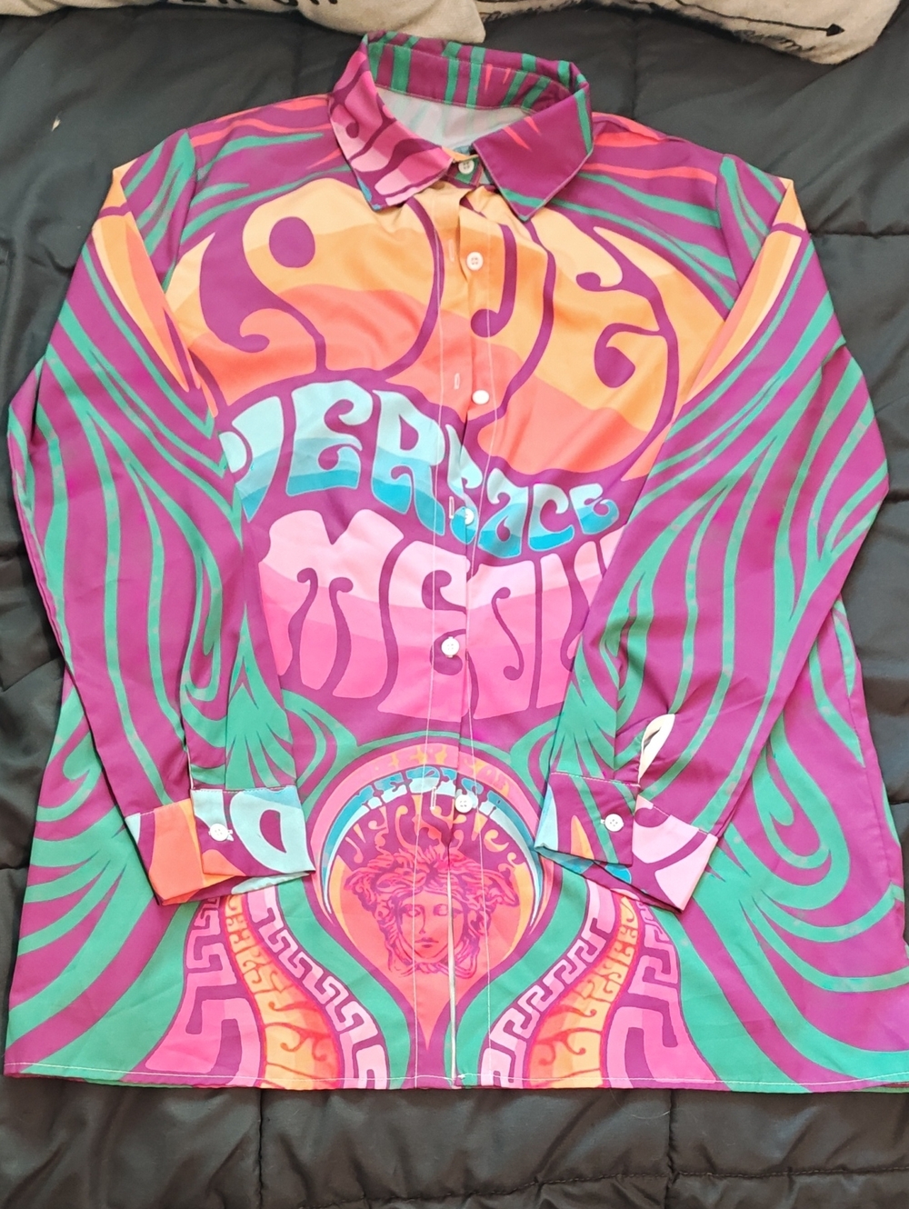 Versace Pink Multicolor Silk Graphic Button-Up Shirt Size L Psychedelic Medusa